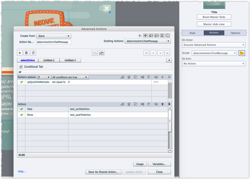 Advanced action showing how cpQuizInfoAttempts is used to determine which text to display.
