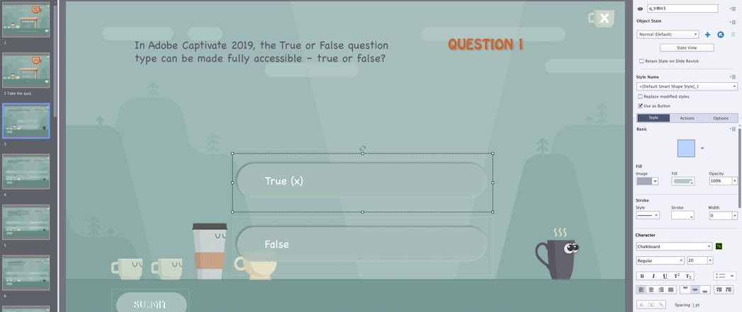 The highlighted True button for question 1 with its Smart Shape properties visible in the Property Inspector.