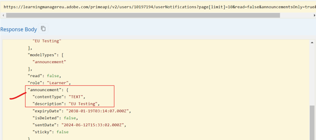How to retrieve the announcements posted for any specific user using ...