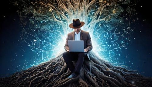 Man with laptop in magic forest